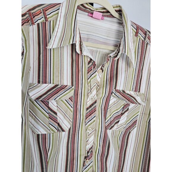 She's Cool 3/4 Roll Tab Sleeve Button Down Shirt Brown multicolor-SZ 2X - Picture 2 of 8